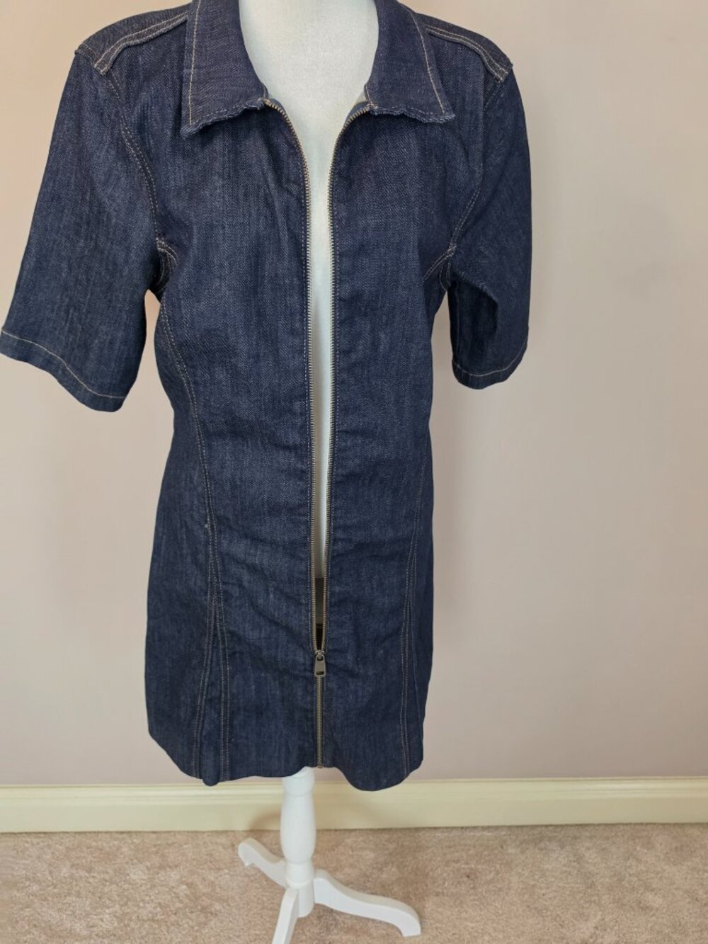 Zara TRF Dark Indigo Short Sleeve Zip Up Front Denim Mini Dress Size XL - Picture 2 of 7